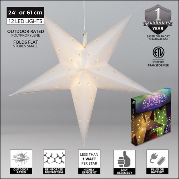 Gingerbread World European Christmas Market - 24 inch LED Aurora Superstar TM Fold-Flat White 5 Point Star Light Outdoor Rated - details