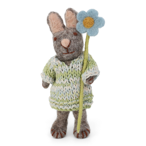 Gingerbread World European Easter Market - Grey Bunny figure holding anemone flowers with knit dress 20014