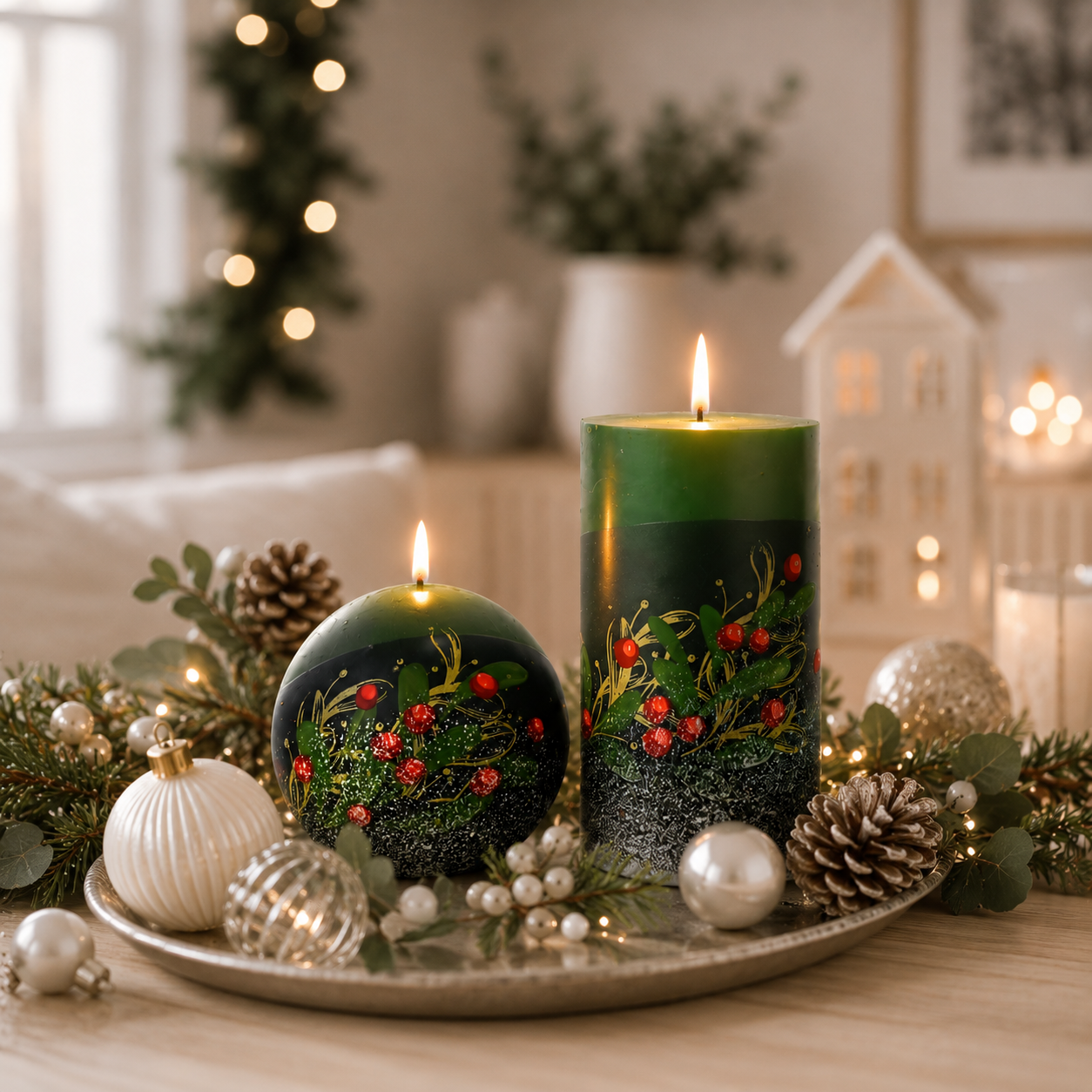 European Green Holly pyramid Advent countdown candle with matching coordinating Christmas candles