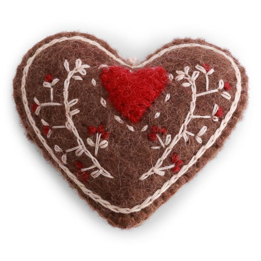 Handmade felted wool gingerbread heart ornament with cream and red embroidered details and a red heart, designed in Denmark and handmade in Nepal.