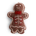 Handmade felted wool gingerbread girl ornament with cream and red embroidered details and a red bow, designed in Denmark and handmade in Nepal.