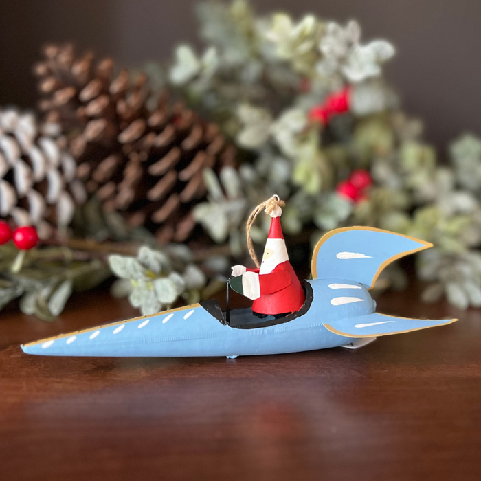 Handmade Tin Ornament - Santa in Blue Rocket