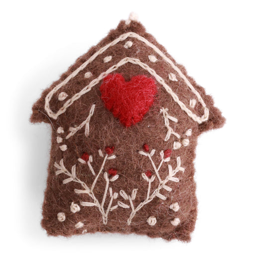 Handmade felted wool gingerbread house ornament with cream and red embroidered icing details, designed in Denmark and handmade in Nepal.