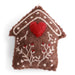 Handmade felted wool gingerbread house ornament with cream and red embroidered icing details, designed in Denmark and handmade in Nepal.