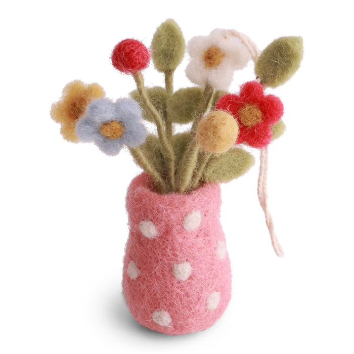 Handmade Gry & Sif felted wool miniature pink polka dot vase filled with tiny colourful felt flowers.