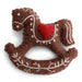 Handmade felted wool gingerbread rocking horse ornament with cream and red embroidered details and a red heart saddle, designed in Denmark and handmade in Nepal.