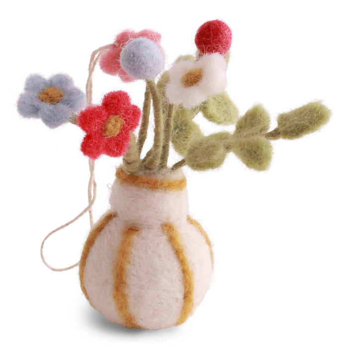 Handmade Gry & Sif felted wool miniature white vase with golden yellow stripes filled with tiny felt flowers and greenery.