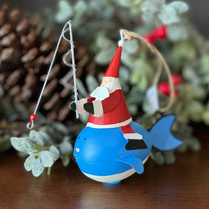 Handmade Tin Ornament - Santa Fishing Sitting on a Whale