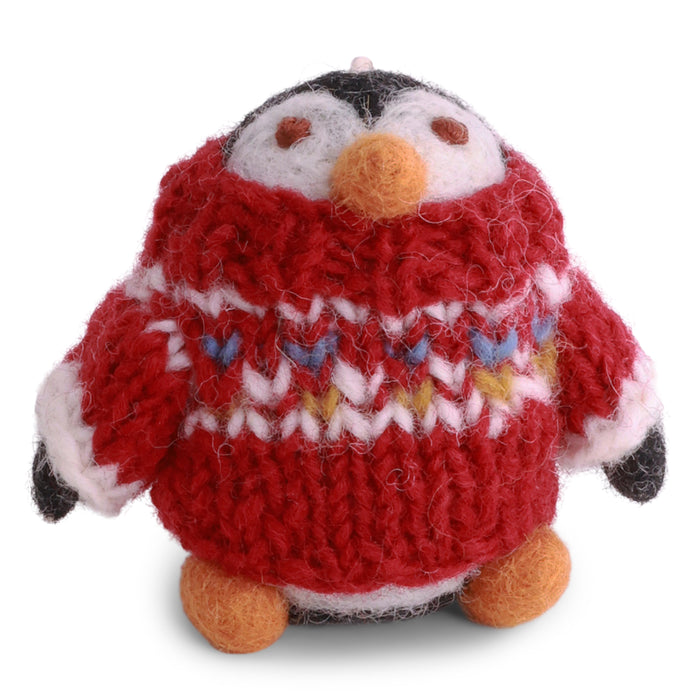 Handmade Gry & Sif felted wool penguin ornament wearing a bright red sweater.