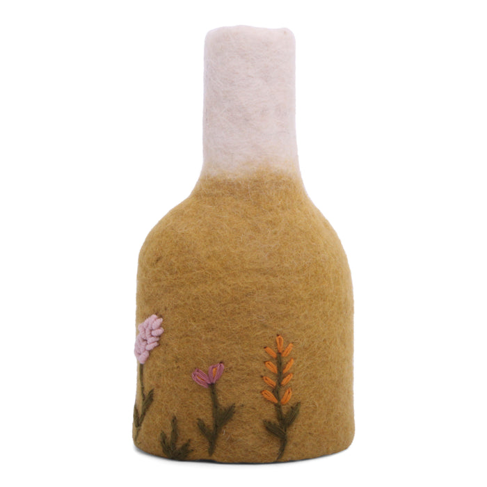 Gry & Sif Felted Wool Vase with Embroidered Flowers, Ochre 13933