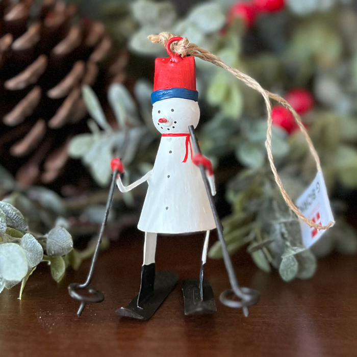 Handmade Tin Ornament - Snowman on Skis with Backpack