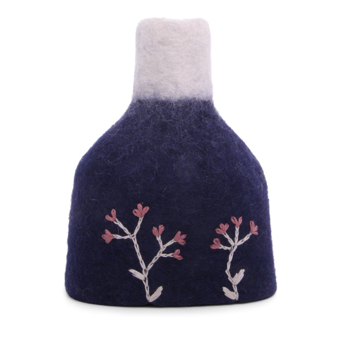 Gry & Sif Felted Wool Vase with Embroidered Flowers, Dark Blue 14033