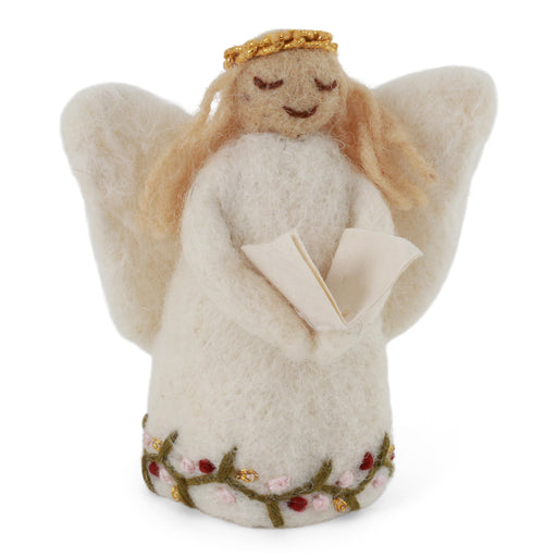 Handmade Gry & Sif felted wool angel ornament with blonde hair, golden halo, white embroidered dress, and miniature songbook.