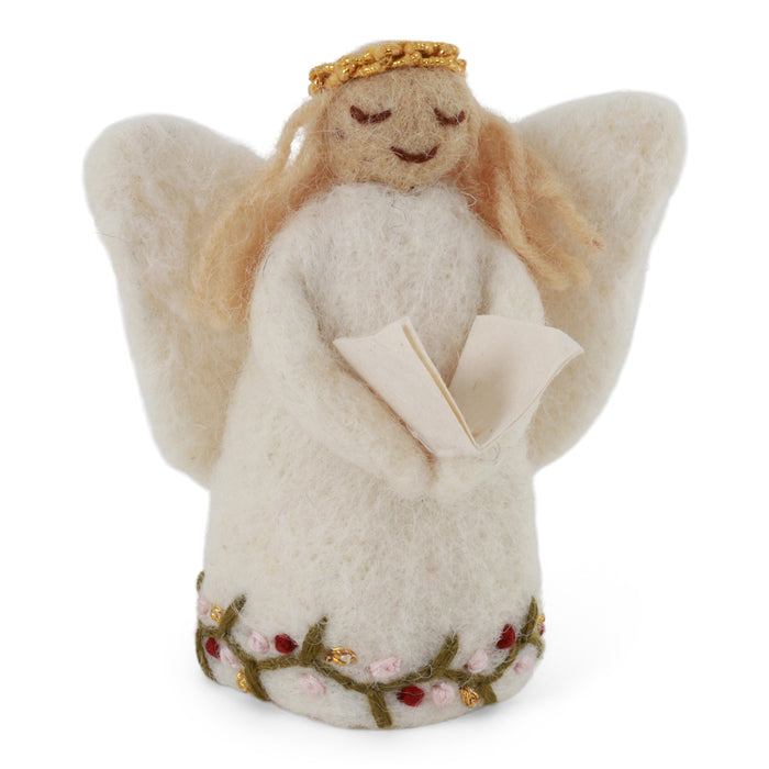 Handmade Gry & Sif felted wool angel ornament with blonde hair, golden halo, white embroidered dress, and miniature songbook.