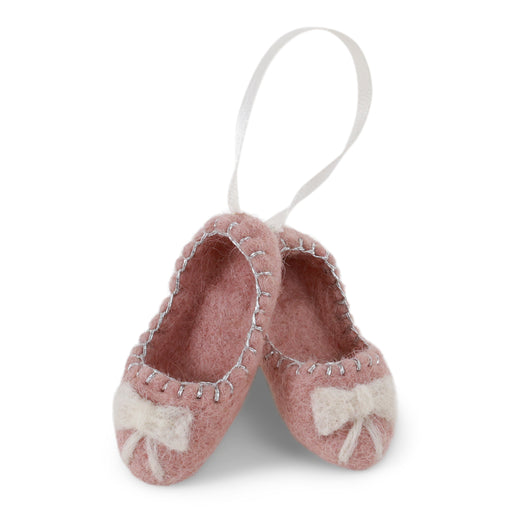 Rose pink Gry & Sif felted wool ballerina slippers ornament with silver embroidered stitching, white bows, and a pink hanging ribbon.