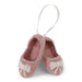 Rose pink Gry & Sif felted wool ballerina slippers ornament with silver embroidered stitching, white bows, and a pink hanging ribbon.