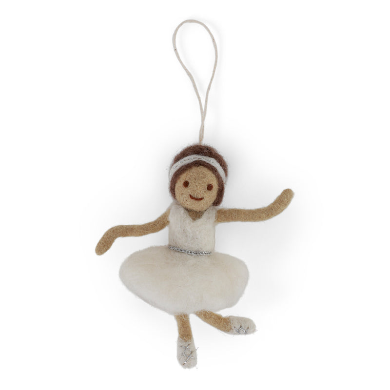 Handmade Gry & Sif felted wool white ballerina ornament wearing a tutu with silver embroidered details.
