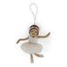 Handmade Gry & Sif felted wool white ballerina ornament wearing a tutu with silver embroidered details.