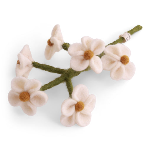 Gry & Sif handmade White Forget-Me-Not felt wool flower with delicate white blossoms on a green stem.