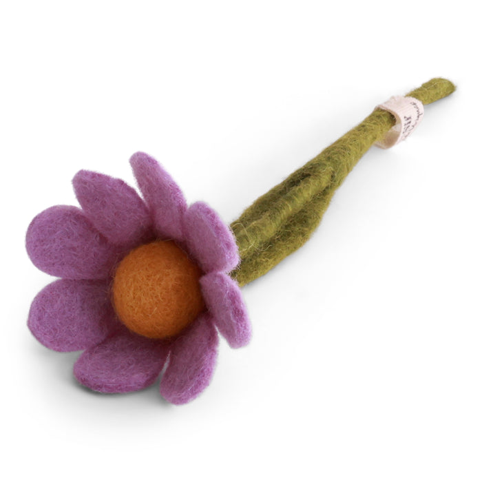 Light Purple Mini Anemone handmade from felted New Zealand wool by Gry & Sif with a green leaf on a stem.