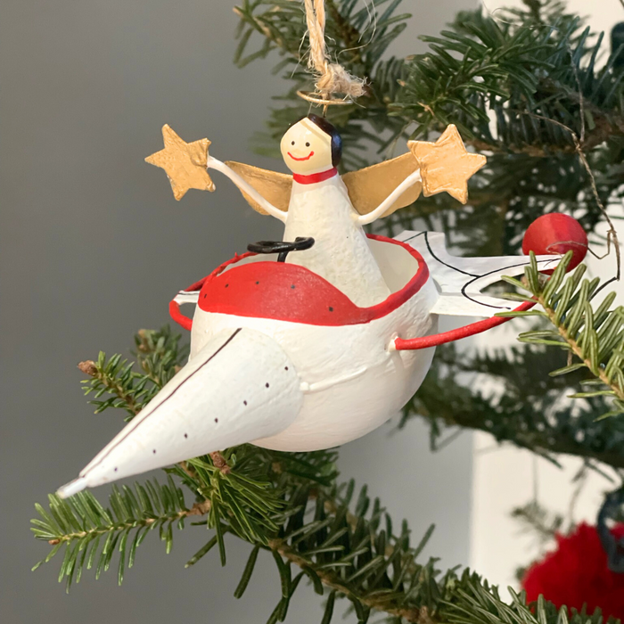 Handmade Tin Ornament - Angel in Rocket Ship