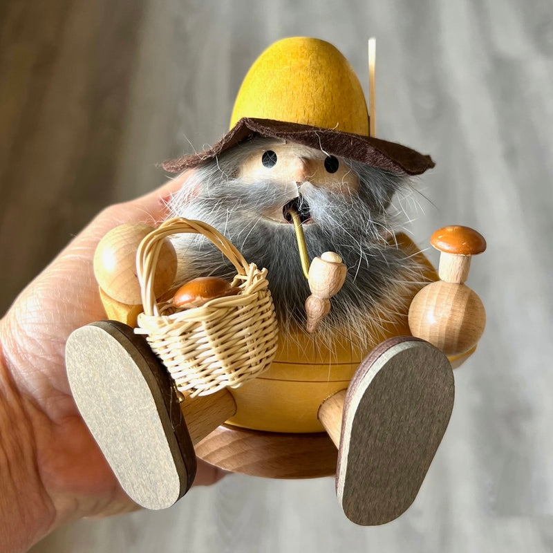 Richard Glässer Incense Smoker - Wood Gnome with Mushroom Basket, Sitting