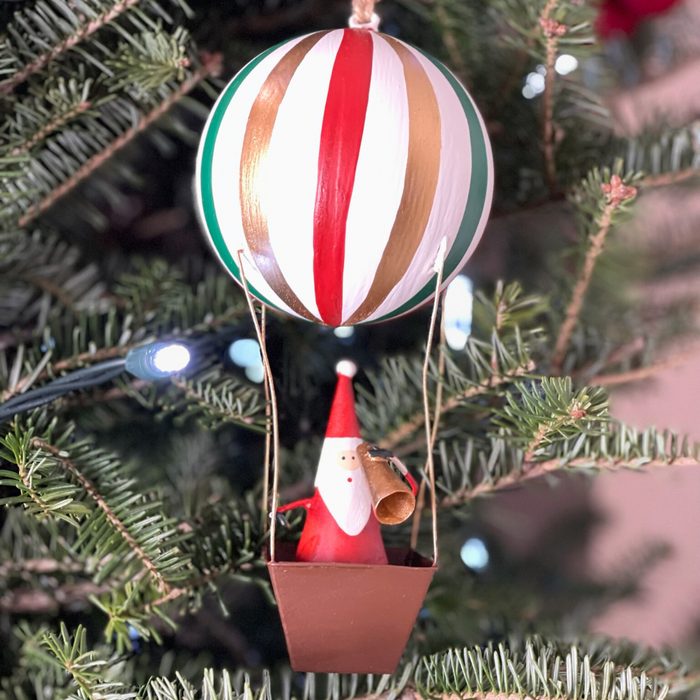 Handmade Tin Ornament - Santa in Hot Air Balloon