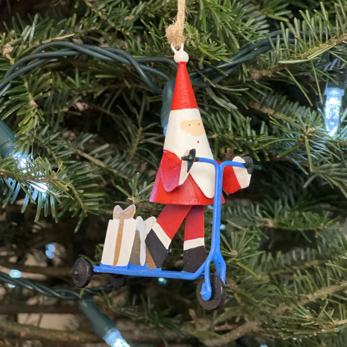 Handmade Tin Ornament - Santa on Scooter