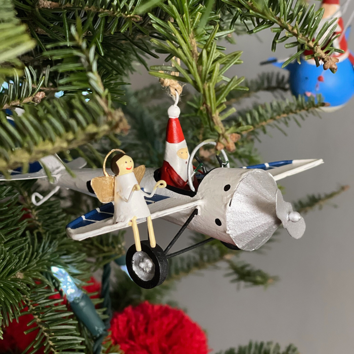 Handmade Tin Ornament - Santa in Airplane