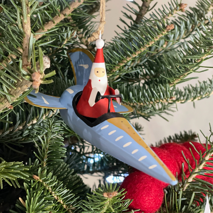 Handmade Tin Ornament - Santa in Blue Rocket