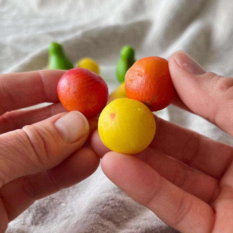 Funsch German mini fruit-shaped marzipan sweets hand-finished with colourful edible food colours.
