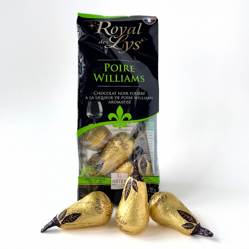 Abtey Williams Pear liqueur chocolates shaped like pears and wrapped in foil, made with dark chocolate in France.