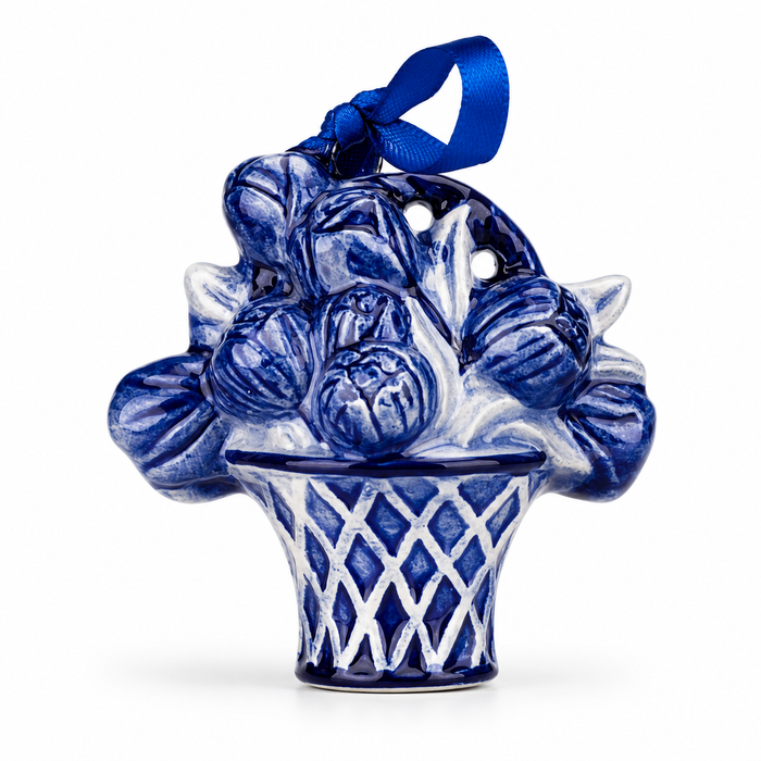 Dutch Delft Blue ceramic Christmas ornament with basket of tulips