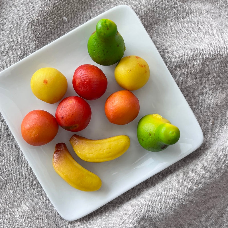 Funsch German mini fruit-shaped marzipan sweets hand-finished with colourful edible food colours.