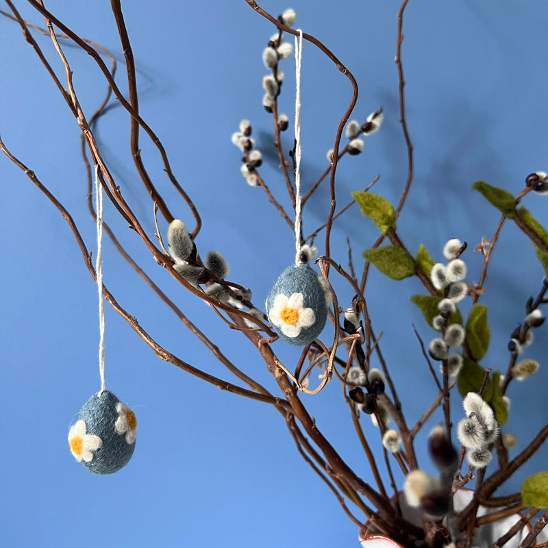 Gry & Sif Felted Wool Easter Egg Hanging Ornaments, Blue with White Flower, Set of 3