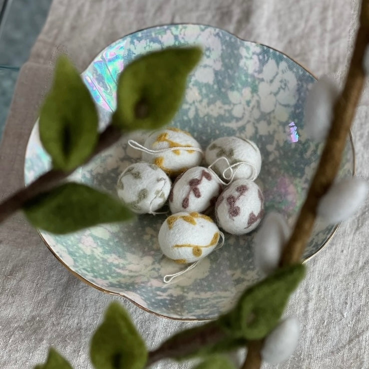 Gry & Sif Felted Wool Easter Egg Hanging Ornaments with Leaf Pattern, Set of 3