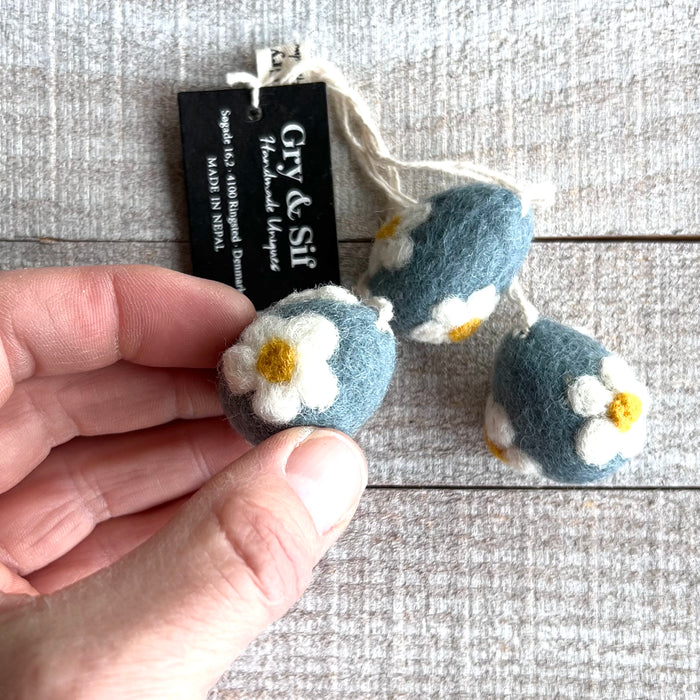 Gry & Sif Felted Wool Easter Egg Hanging Ornaments, Blue with White Flower, Set of 3