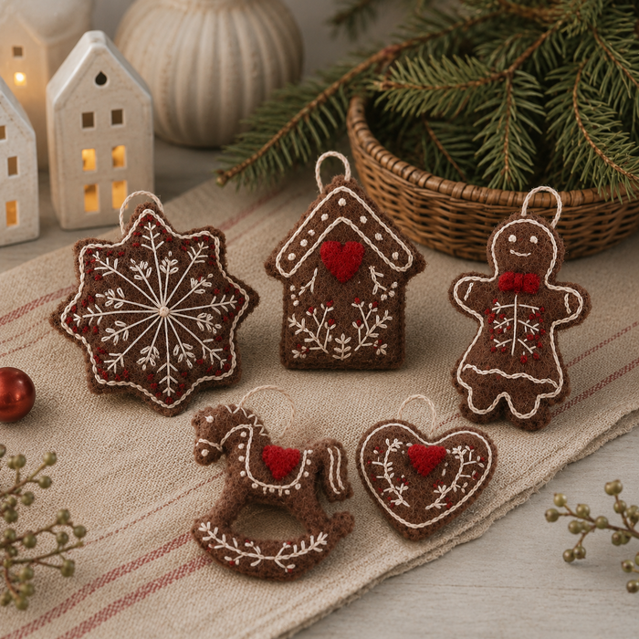 Gingerbread World European Christmas Market - Gry and Sif Denmark Felted Wool Ornaments Gingerbread Cookie Collection with hand embroidered details
