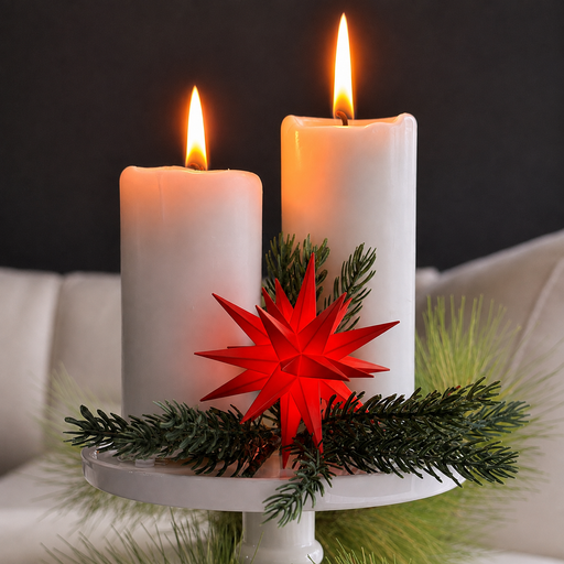 Gingerbread World Herrnhuter Sterne Canada - Herrnhuter Moravian Advent Star Lantern - Mini Red - display among festive greens and candles