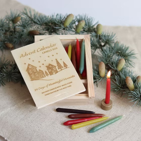 Five Bees Yard Beeswax Advent Candle Calendar with 24 handmade beeswax candles, brass holder and reusable wooden keepsake box | Gingerbread World European Christmas