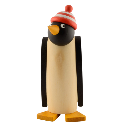 Gingerbread World Drechslerei Martins German Handcrafted Wood Penguin Figures - Penguin Standing with Red and White Beanie