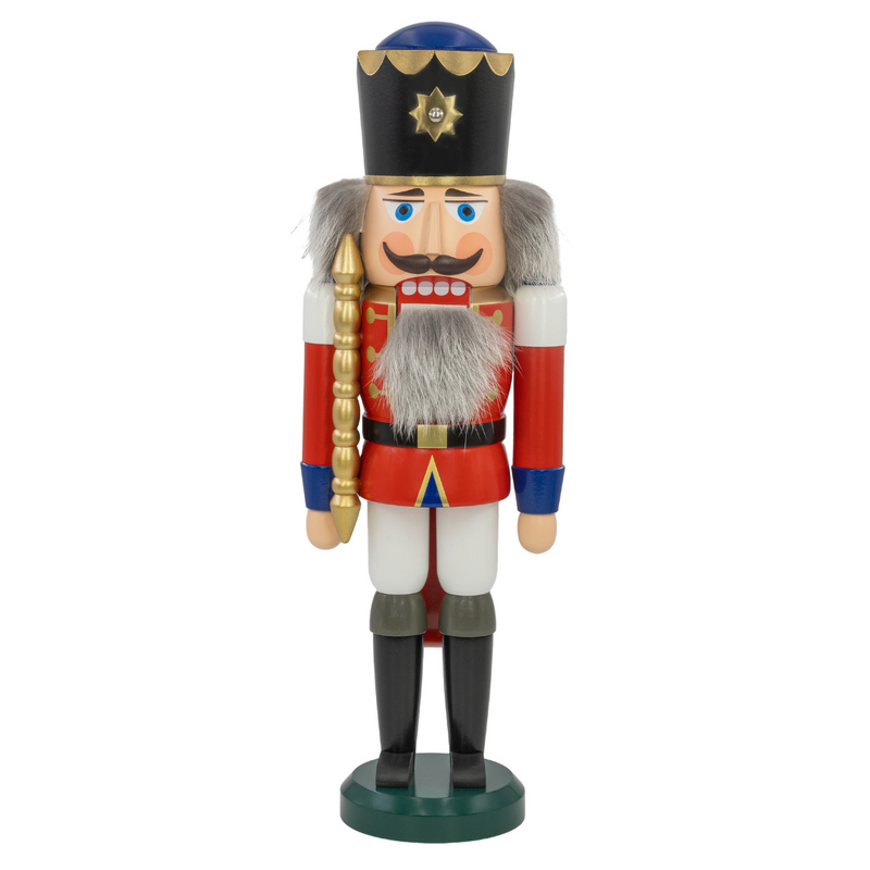 Handcrafted Seiffener Volkskunst Red King German nutcracker with a gray beard, golden crown and royal sceptre, made in Seiffen, Germany.