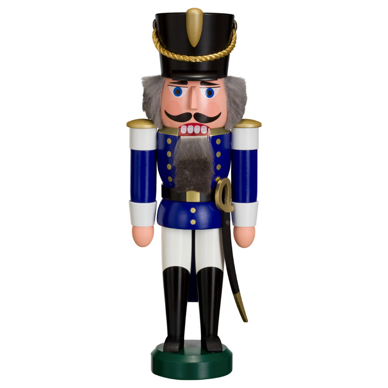 Handcrafted Seiffener Volkskunst Blue Hussar German nutcracker with a blue uniform, ceremonial sword and faux fur beard, 28 cm.