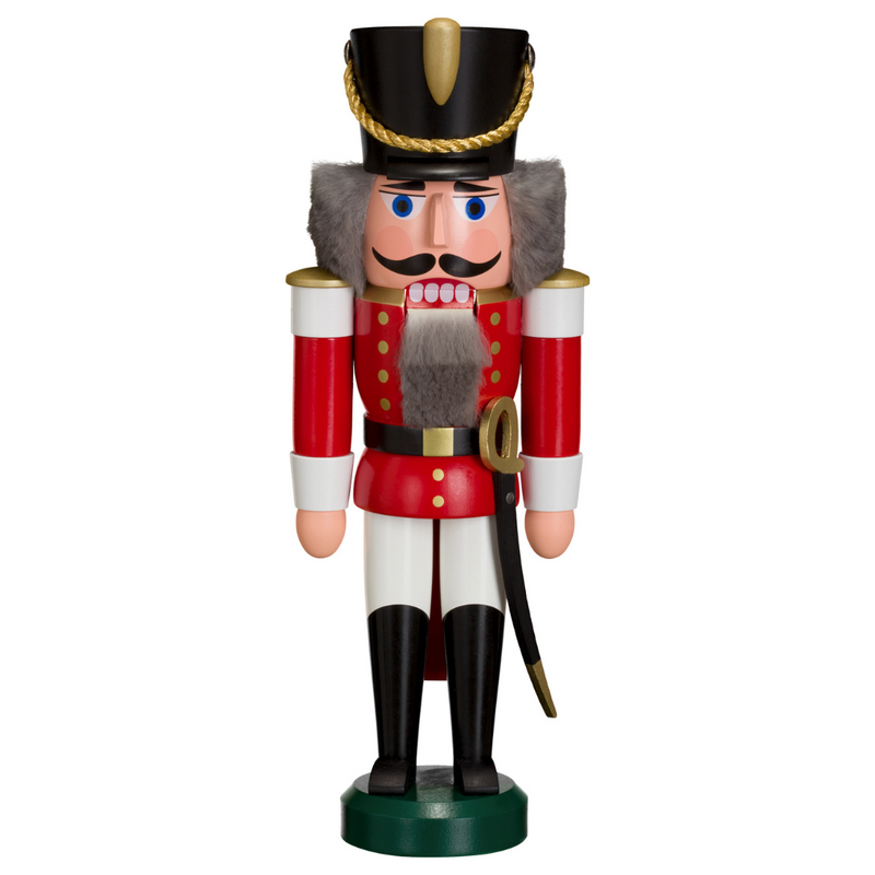 Handcrafted Seiffener Volkskunst Red Hussar German nutcracker with a red uniform, ceremonial sword and faux fur beard, 28 cm.