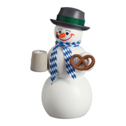 Handcrafted Seiffener Volkskunst Bavarian snowman incense smoker holding a pretzel and bierstein, wearing a blue-and-white scarf and black top hat, made in Seiffen, Germany.