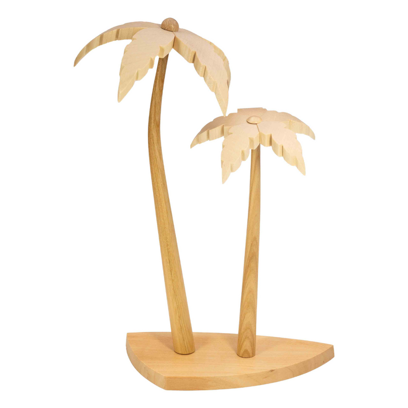 Seiffener Volkskunst Schalling Nativity Scene handcrafted wooden palm trees on a shared base, made in Seiffen, Germany.