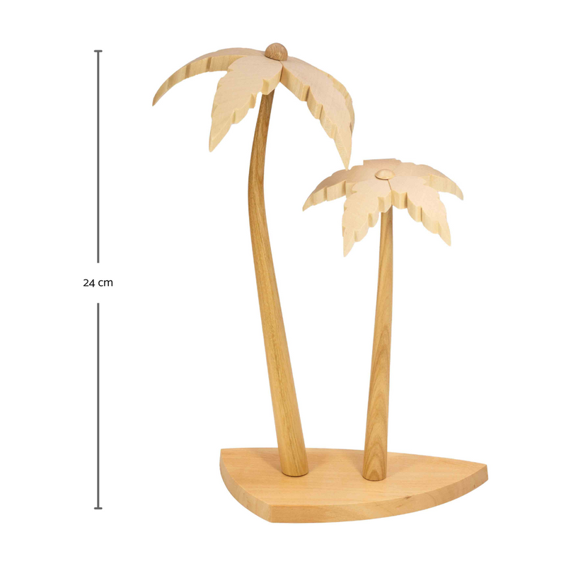 Seiffener Volkskunst Schalling Nativity Scene handcrafted wooden palm trees on a shared base, made in Seiffen, Germany.