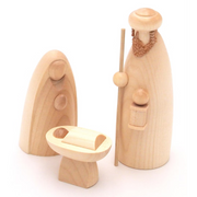 Seiffener Volkskunst Schalling Holy Family Nativity scene with handcrafted wooden figures of Mary, Joseph and Baby Jesus in a manger, made in Seiffen, Germany.