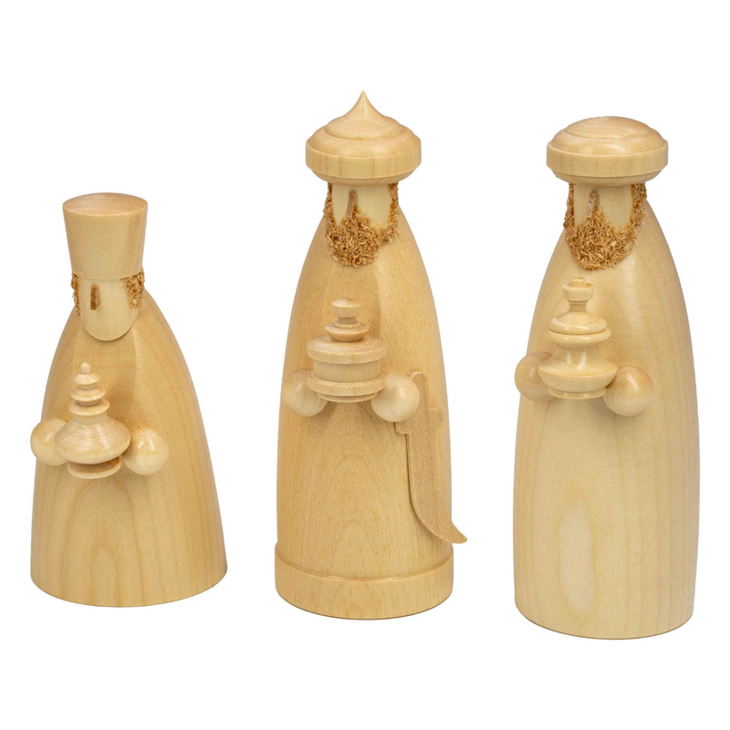 Seiffener Volkskunst Schalling Nativity Scene Wise Men set with three handcrafted wooden kings carrying traditional gifts, made in Seiffen, Germany.