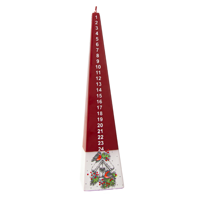 Gingerbread World European Christmas Market - Christmas Advent Countdown Candle - Red with White with Festive Birds